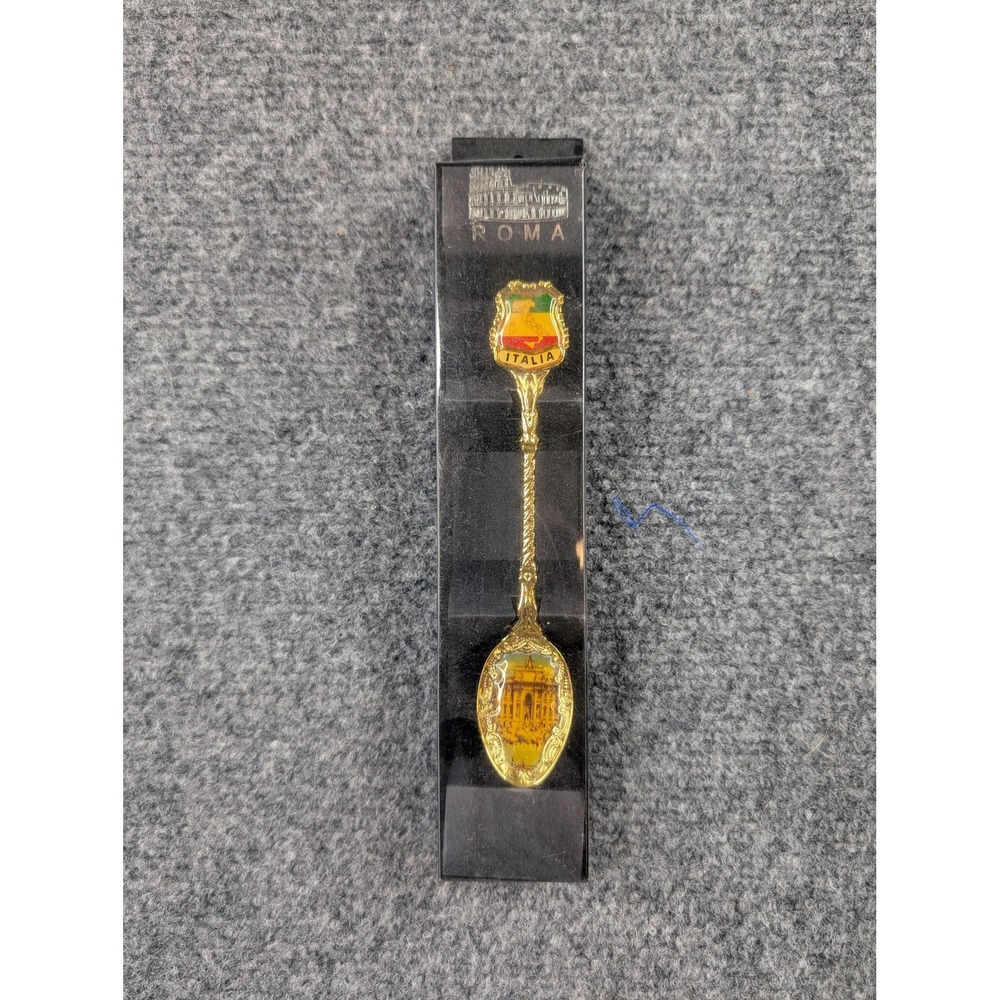 Vintage Roma Italy Collectible Souvenir Spoon Gold Tone Boxed Trevi Fountain Gif